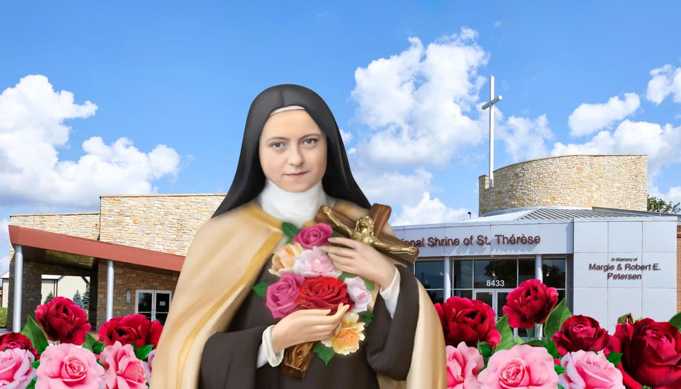 Digital image of St Therese, surrounded by pink and red roses