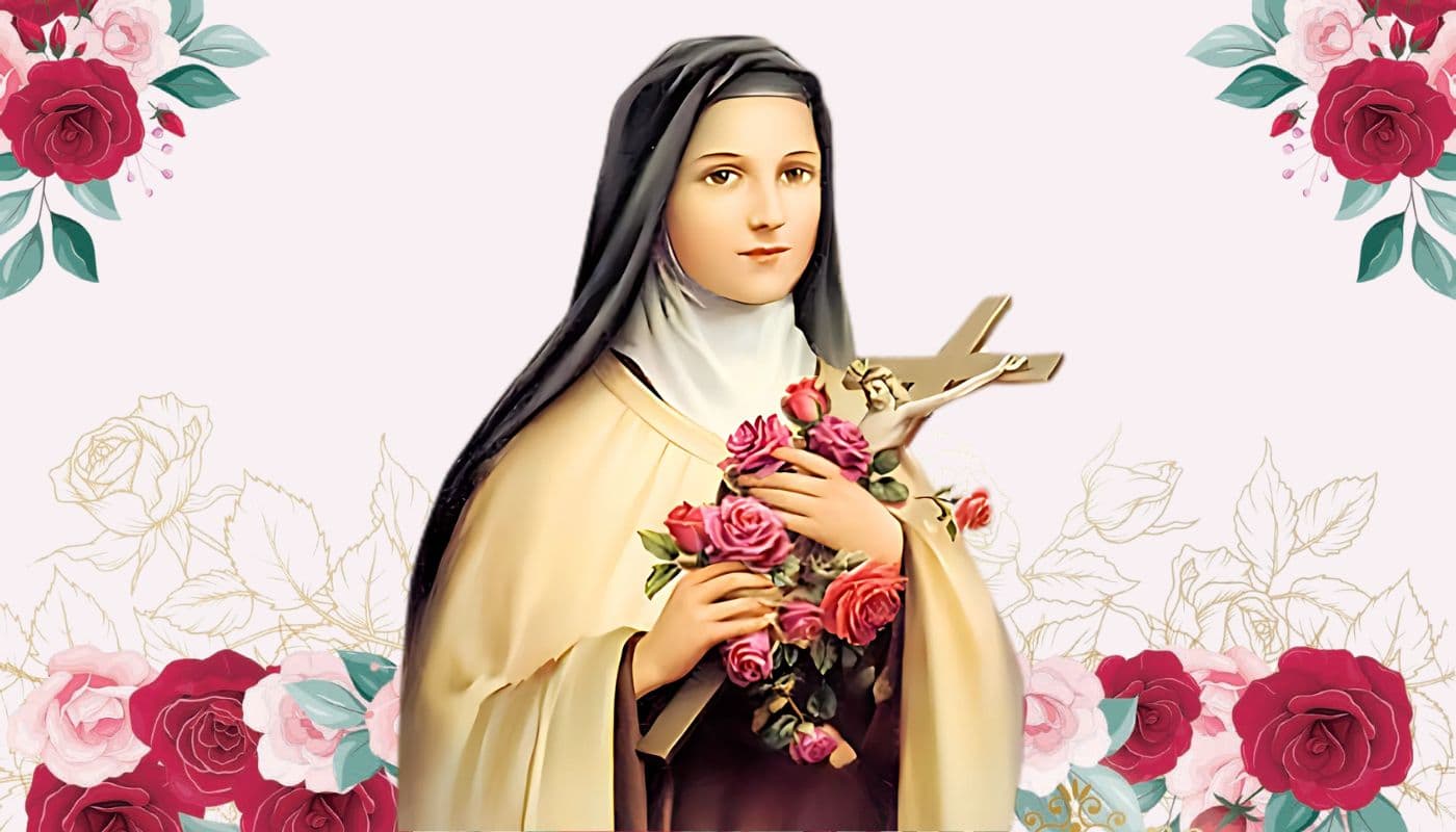 St Therese with a pink background and roses