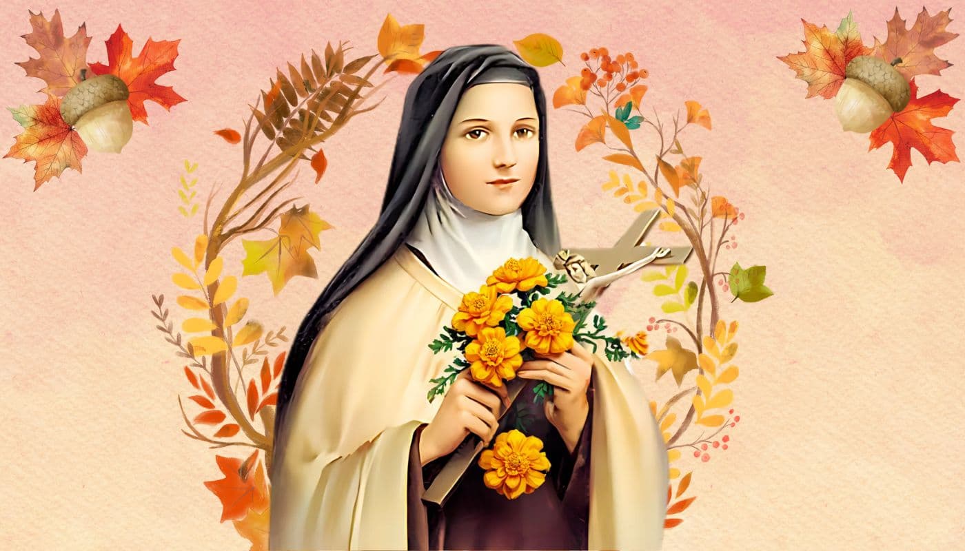 St Therese holding marigolds with fall wreath and accents