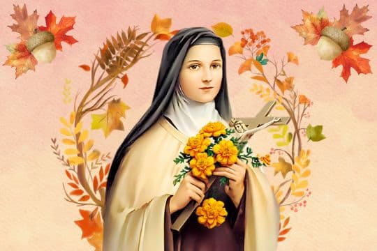 St Therese holding marigolds with fall wreath and accents