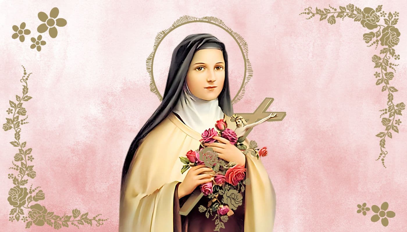 Image of St Therese with pink background