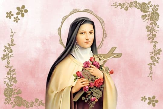 Image of St Therese with pink background