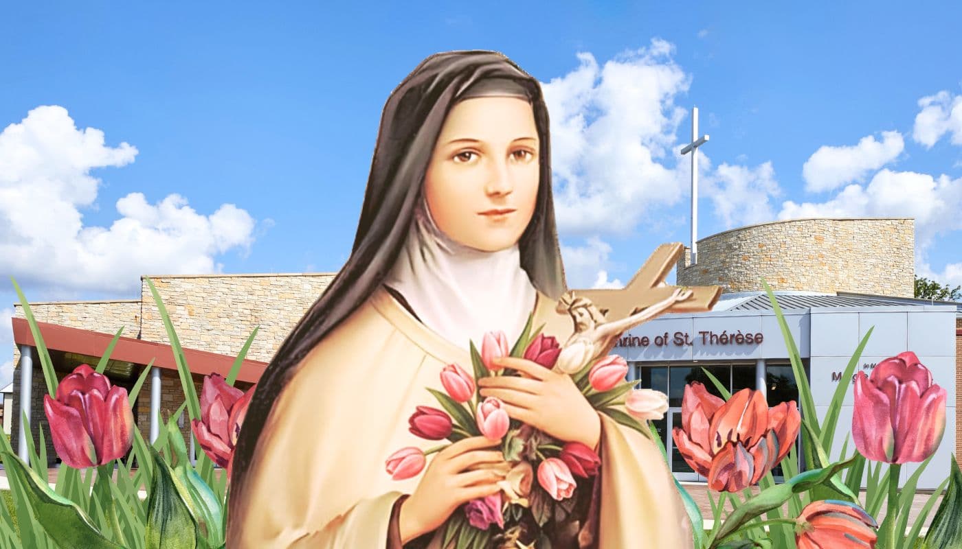 Image of St. Therese holding crucifix and tulips in front of National Shrine of St Therese.