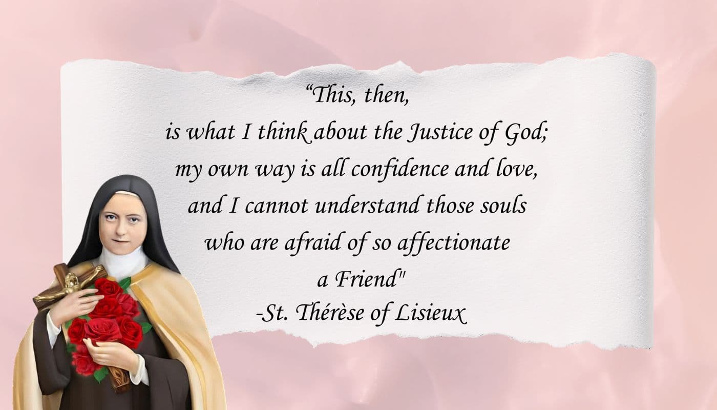 St. Therese quote on torn paper with digital image of her holding red roses and a crucifix